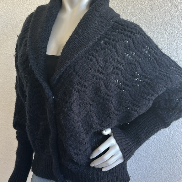 VTG Free People Black Wool Chunky Knit Cropped Cardigan Wrap Sweater - Picture 2 of 8